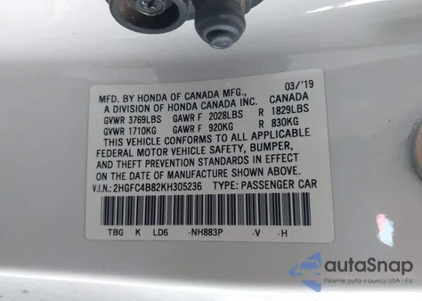 2019 Honda Civic Sport from USA, damaged, VIN 2HGFC4B82KH305236